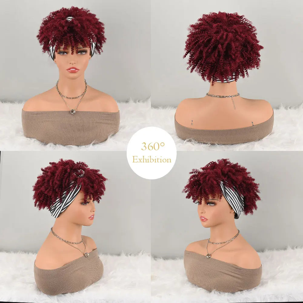 Pelucas con Diadema para Pelucas Afro Cortas Sintéticas Rizos Kinky Pelucas Envolventes con Flequillo Rojo Vino Oscuro 2 en 1 Peluca Turbante con Cordón Peluca con Moño Alto