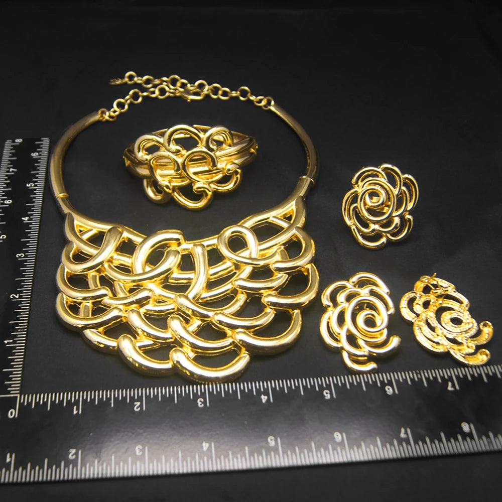 Collar Para Mujer Dubai Chapado en Oro Conjunto de Joyas Lujosas Anillo Pulsera Original Disfraces de Banquete de Boda Boda Nigeriana