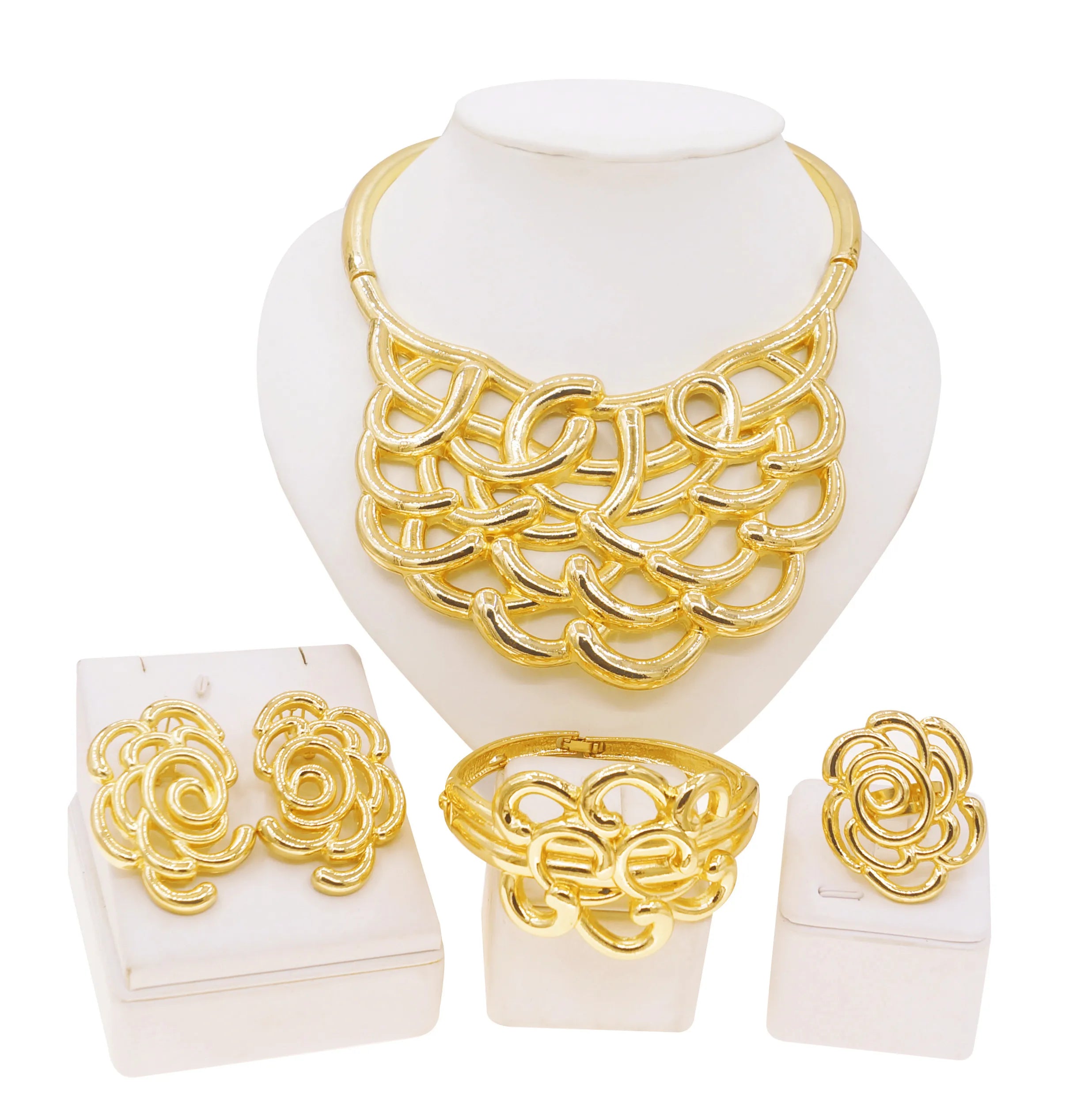 Collar Para Mujer Dubai Chapado en Oro Conjunto de Joyas Lujosas Anillo Pulsera Original Disfraces de Banquete de Boda Boda Nigeriana