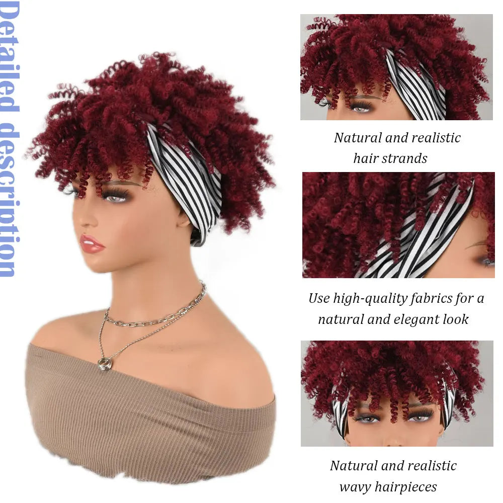 Headband Wigs for Synthetic Short Afro Kinky Curly Wigs Deep Wine Red Bangs Wrap Wigs 2 in 1 Turban Wig Drawstring High Puff Wig