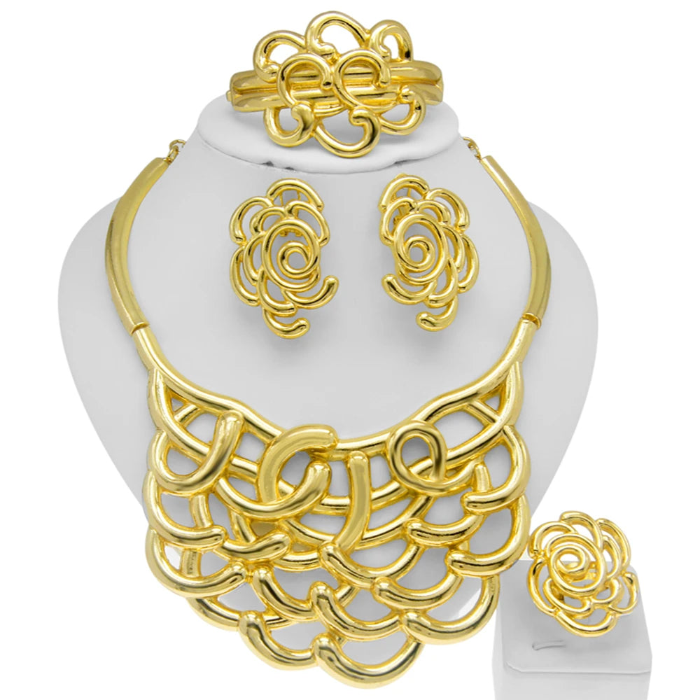 Collar Para Mujer Dubai Chapado en Oro Conjunto de Joyas Lujosas Anillo Pulsera Original Disfraces de Banquete de Boda Boda Nigeriana
