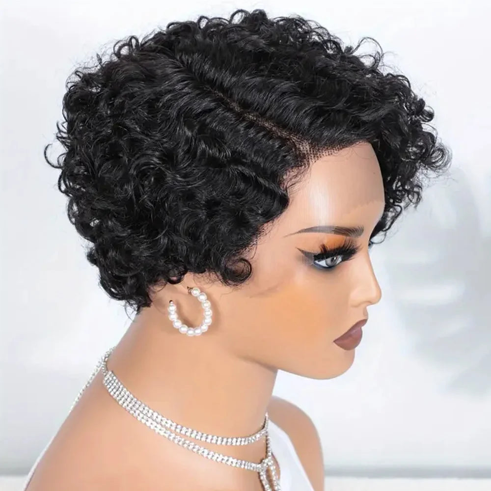 13x4 Gjennomsiktig Blonde Krøllete Pixie Parykk