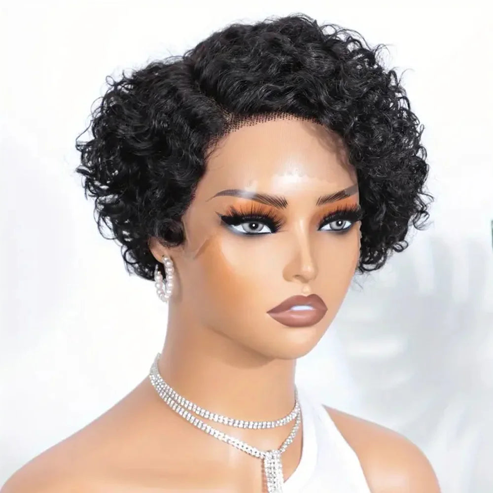 13x4 Gjennomsiktig Blonde Krøllete Pixie Parykk