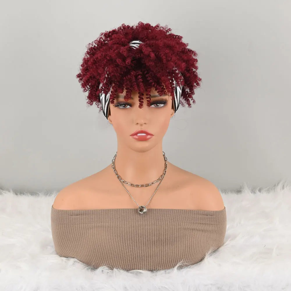 Headband Wigs for Synthetic Short Afro Kinky Curly Wigs Deep Wine Red Bangs Wrap Wigs 2 in 1 Turban Wig Drawstring High Puff Wig
