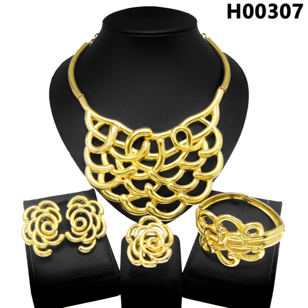 Collar Para Mujer Dubai Chapado en Oro Conjunto de Joyas Lujosas Anillo Pulsera Original Disfraces de Banquete de Boda Boda Nigeriana