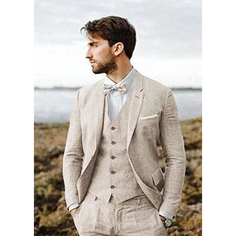 Traje de lino de nuevo diseño para hombres, 3 piezas, conjunto formal para boda o graduación, chaqueta slim fit, esmoquin para novio o padrino, traje para hombre