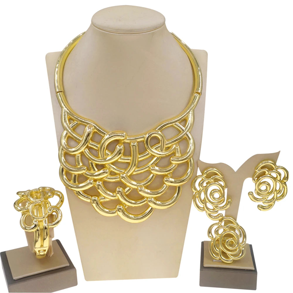 Collar Para Mujer Dubai Chapado en Oro Conjunto de Joyas Lujosas Anillo Pulsera Original Disfraces de Banquete de Boda Boda Nigeriana