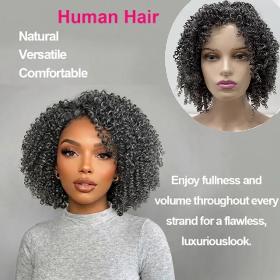 Bob 250% Salt And Pepper Grey Human Hair Wigs Afro Kinky Curly Wig No Bleach Natural Grey Glueless Ready to Wear For Black Women