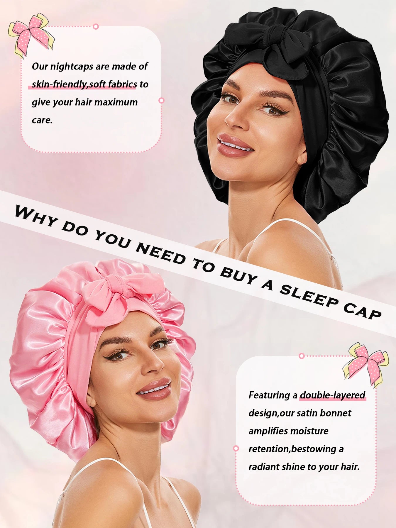 Bonnet de nuit en soie (lot de 2) avec élastique à nouer, double épaisseur, bandeau élastique doux.