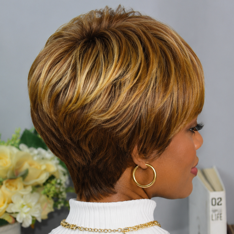Perruques blondes mèches cheveux humains, perruques de 6 pouces en cheveux humains fabriquées à la machine pour femmes, perruques courtes coupe pixie droite avec frange, perruques de cheveux de couleur naturelle