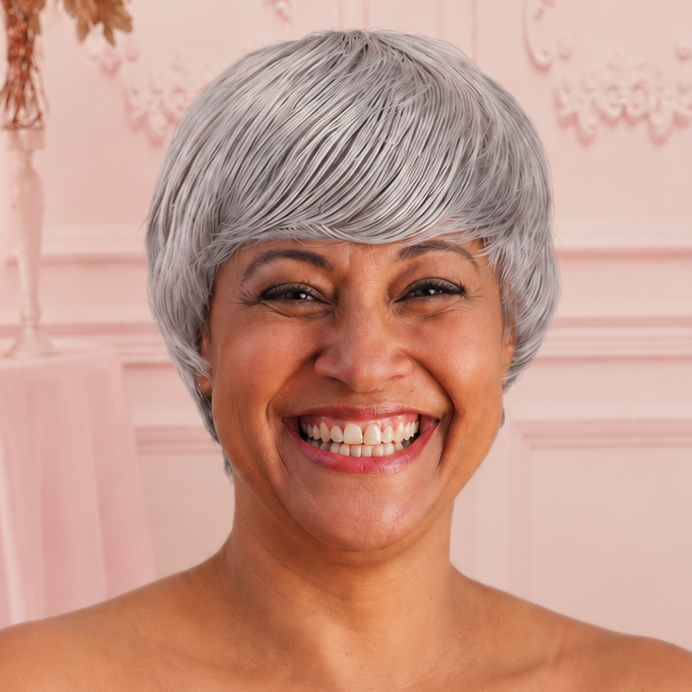 Pelucas grises para mujeres, pelucas cortas, pelucas rizadas cortas, pelo corto con flequillo para mujeres, peluca corta Pixie, pelucas sintéticas en capas con flequillo, peluca de fibra resistente al calor para uso diario