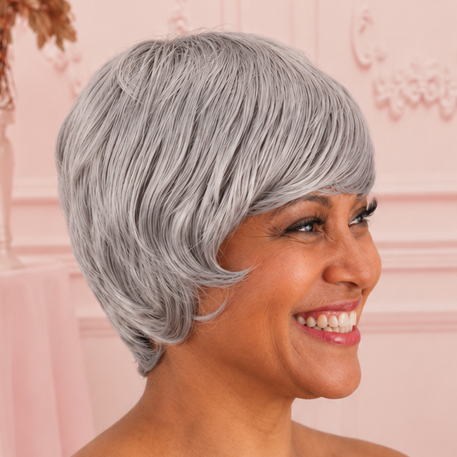 Pelucas grises para mujeres, pelucas cortas, pelucas rizadas cortas, pelo corto con flequillo para mujeres, peluca corta Pixie, pelucas sintéticas en capas con flequillo, peluca de fibra resistente al calor para uso diario