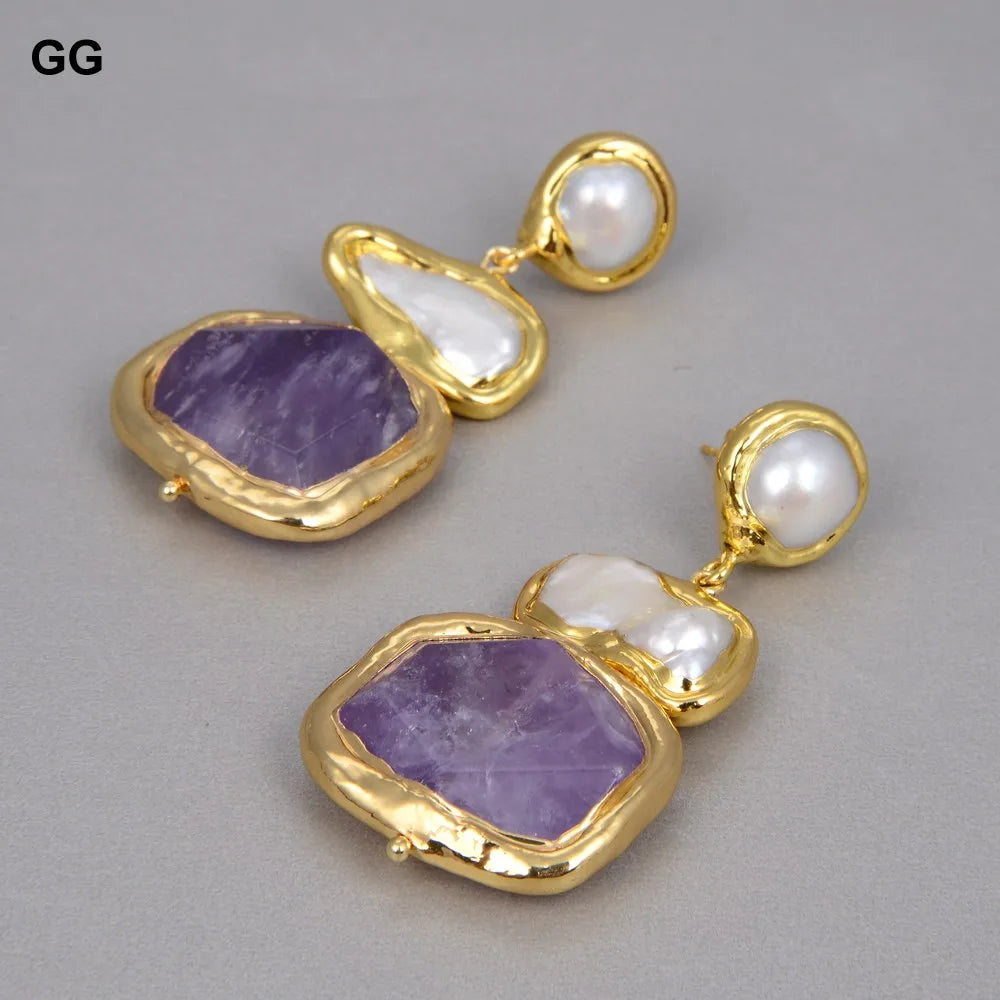 GuaiGuai Jewelry Perla Biwa Blanca Natural de Agua Dulce Pepita Verde Ametistas Chapado en Oro Colgante Collar Pulsera Pendientes Conjuntos