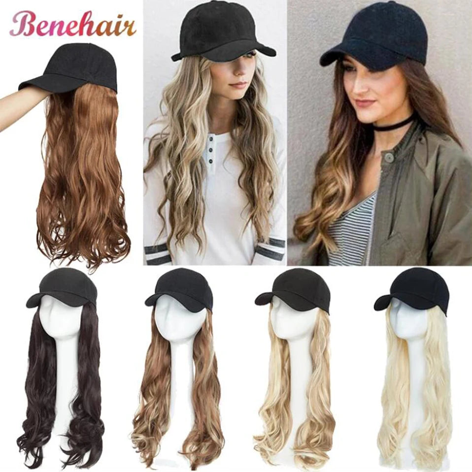 BENEHAIR Casquette de baseball synthétique avec cheveux longs ondulés Perruque chapeau faux cheveux Rallonges de cheveux Chapeau avec cheveux Perruque naturelle pour femmes