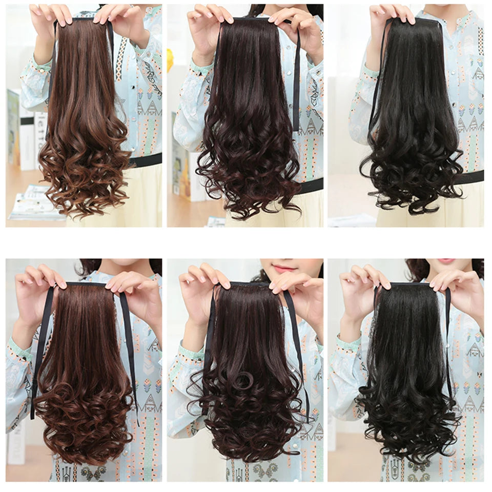 Extensiones de cabello sintético resistente al calor Allaosify marrón negro extensiones de cola de caballo con cordón de 12 pulgadas.