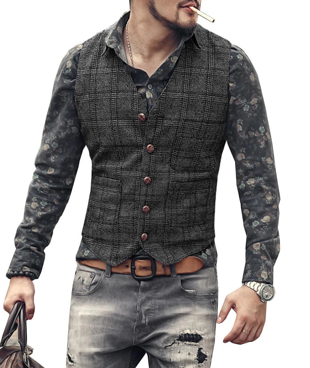 Mens Vintage Business Vest Plaid Classic Coat Tweed Slim Fit Formal Waistcoat for Wedding Groomsmen