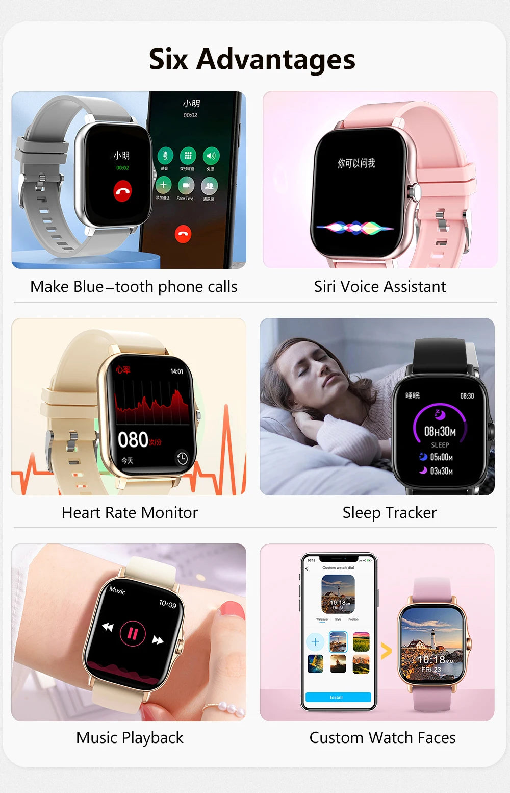Smartklokke, trådløs anrop/oppringing, multisportmodus, anropspåminnelse og avvisning, SMS-påminnelse, for iPhone/Andriod
