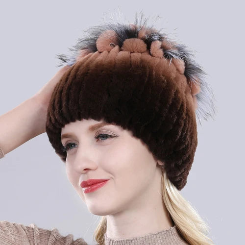 Hot Sale Russia Winter Quality Real Fur Hat Natural Warm Rex Rabbit Fur Cap Lady Warm Knitted 100% Genuine Rex Rabbit Fur Hats