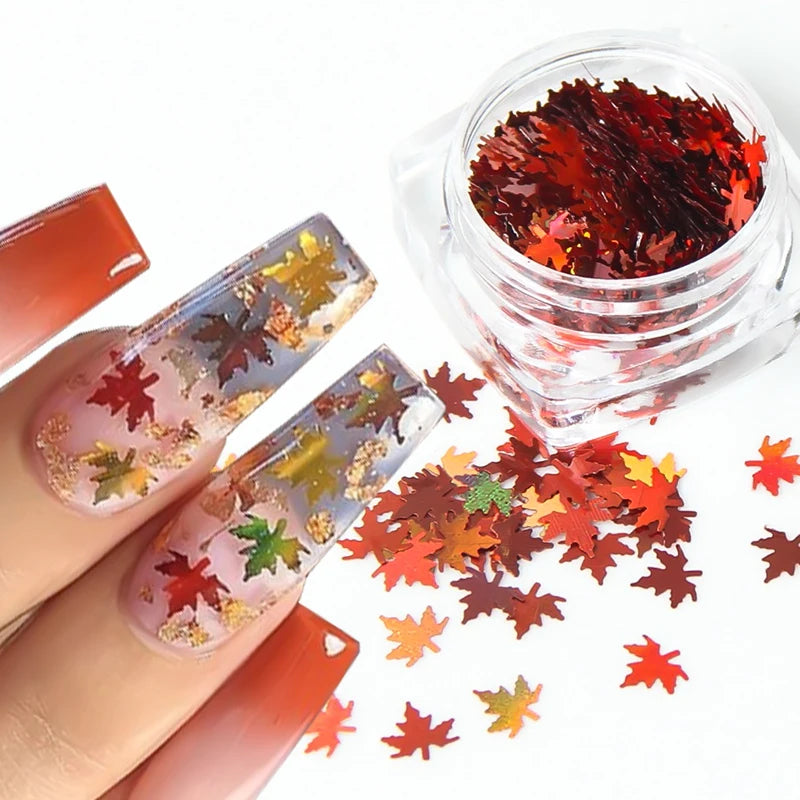 Paillettes holographiques en forme de feuille d'érable pour nail art, paillettes laser, orange, or, paillettes, automne, manucure, décoration, accessoires pour ongles