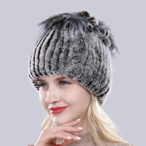 Hot Sale Russia Winter Quality Real Fur Hat Natural Warm Rex Rabbit Fur Cap Lady Warm Knitted 100% Genuine Rex Rabbit Fur Hats