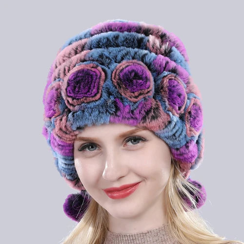 Hot Sale Winter Women Flowers Striped Natural Real Rex Rabbit Fur Hats Lady Warm Knit Genuine Fur Caps Russian Outdoor Fur Hats
