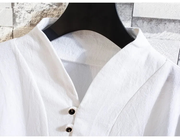 (Camisa + pantalón) camisa de verano para hombre, camisas de algodón y lino para hombre, camisas casuales de manga corta para hombre, un conjunto de ropa M-5XL