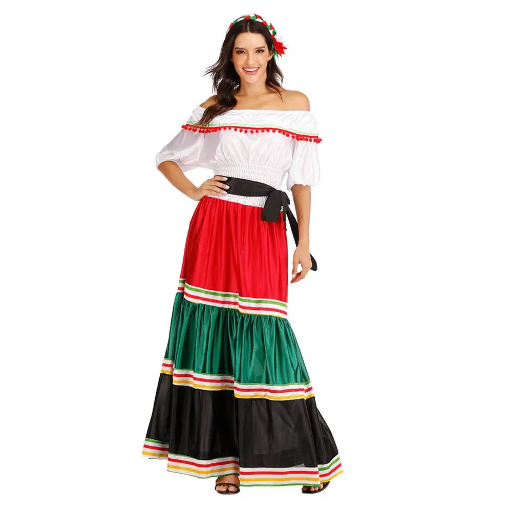 Eraspooky Traditional Folk Mexican Dress Women Girls Halloween Costume For Girl Mexico Carnival Party Family Dance Fancy Dress