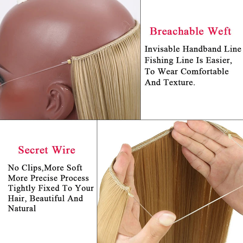 LUPU Extensiones de pelo sintético largo ondulado de 24 pulgadas, línea de pesca invisible, sin clips secretos, piezas de pelo, fibra resistente al calor