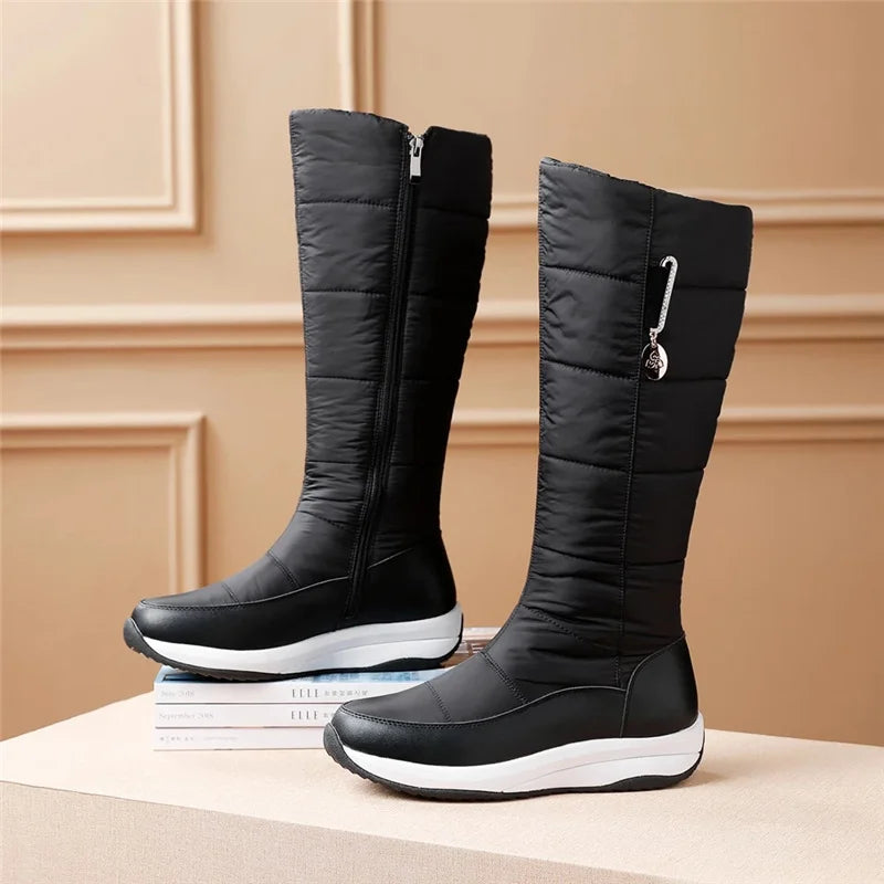 Women’s Leather Knee Boots – Warm, Waterproof & Wedge Heel