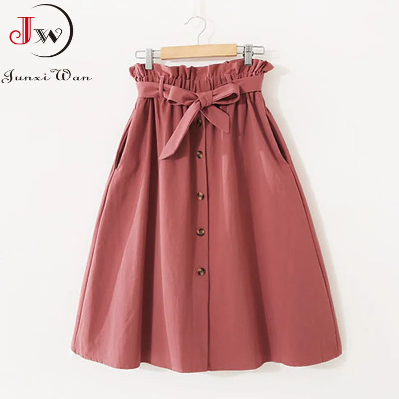 Falda Midi de Verano para Mujer, Elegante Falda Sólida de Cintura Alta para Niñas, Primavera Casual, Abotonada con Lazos, Oficina, Falda de Algodón Acampanada para Dama