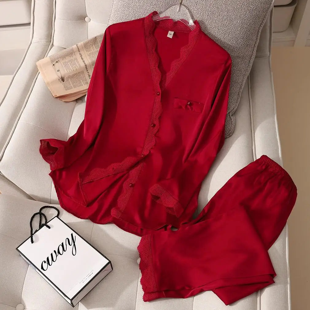 Conjunto de pijama de satén sedoso para mujer, manga larga, ropa de dormir casual, loungewear, rayón, 2 piezas para el hogar