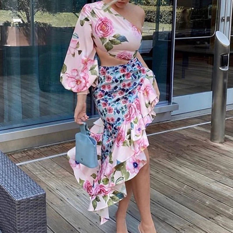 Conjunto de falda y top de dos piezas con estampado floral y volantes para mujer, elegante, de verano, falda a juego, traje de oficina, falda de trompeta elegante