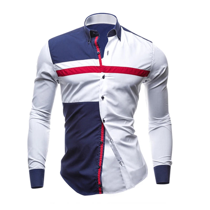 Men Long Sleeve Shirt Spring Striped Shirts Slim Fit Male Casual Social Patchwork Shirt Turn-down Collar Camisa Masculina
