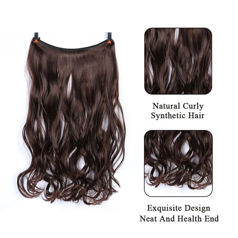 LUPU Extensiones de pelo sintético largo ondulado de 24 pulgadas, línea de pesca invisible, sin clips secretos, piezas de pelo, fibra resistente al calor