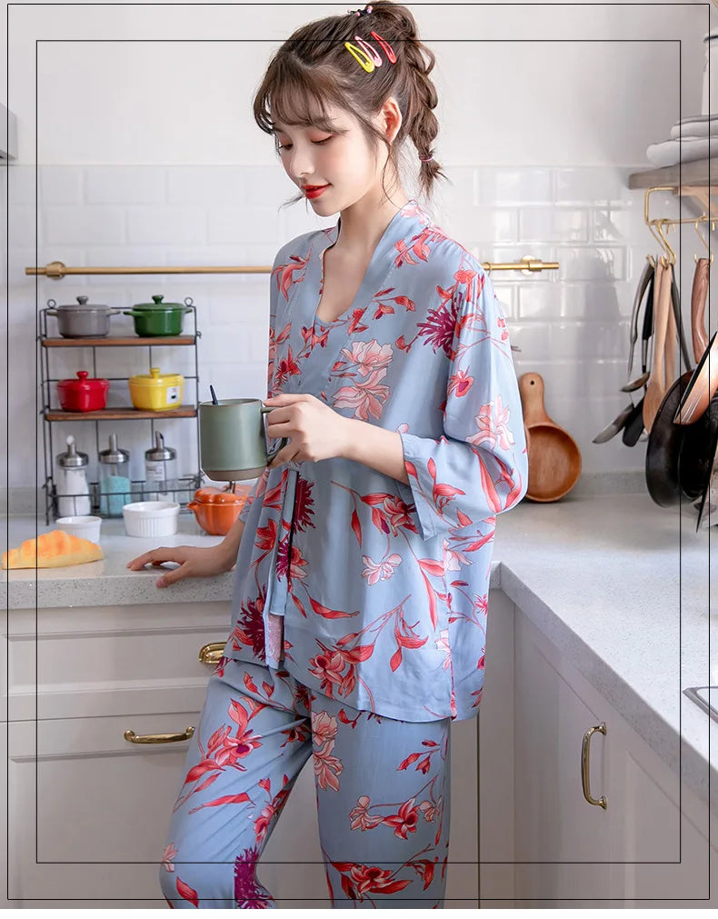 Ensemble pyjama sexy 3 pièces pour femme, imprimé floral, tenue de nuit pour la maison, printemps-été