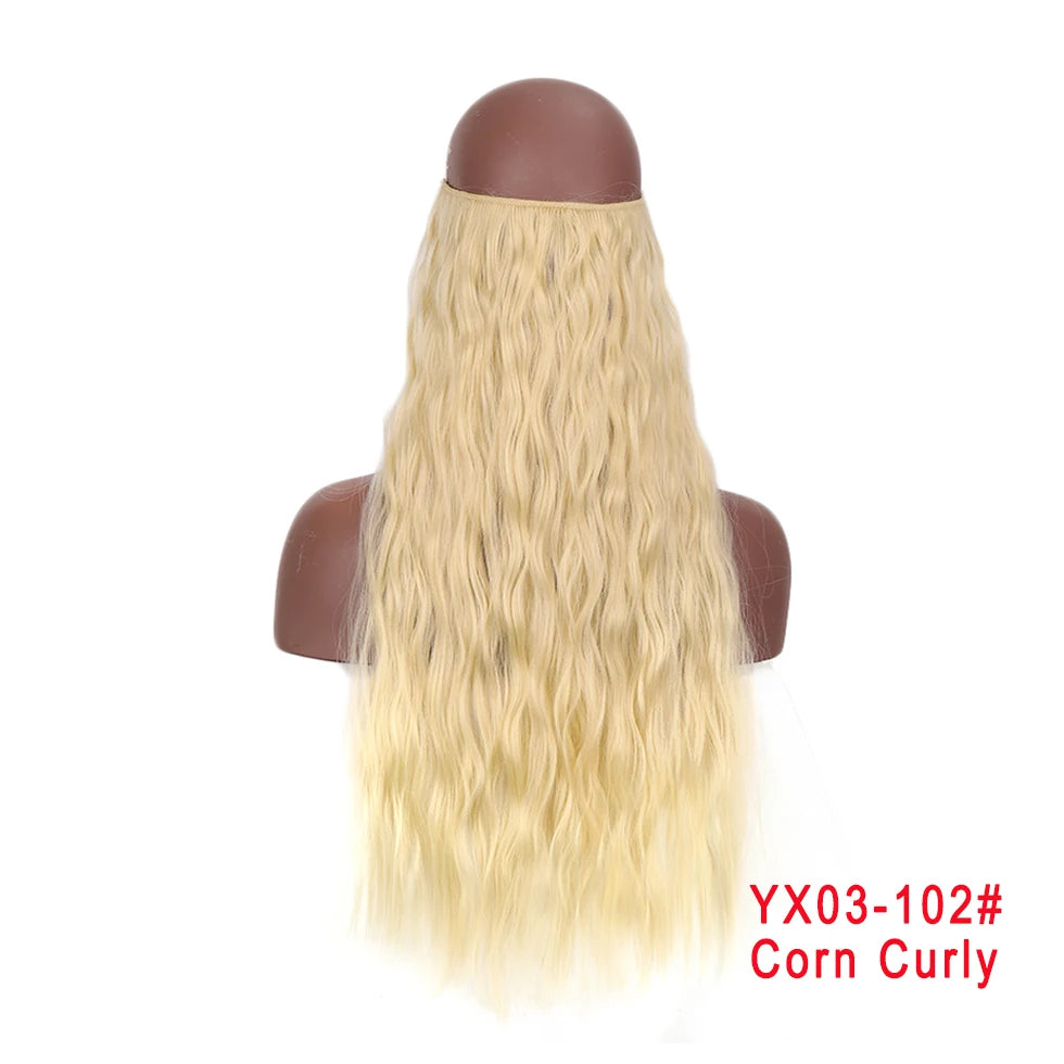 LUPU Extensiones de pelo sintético largo ondulado de 24 pulgadas, línea de pesca invisible, sin clips secretos, piezas de pelo, fibra resistente al calor