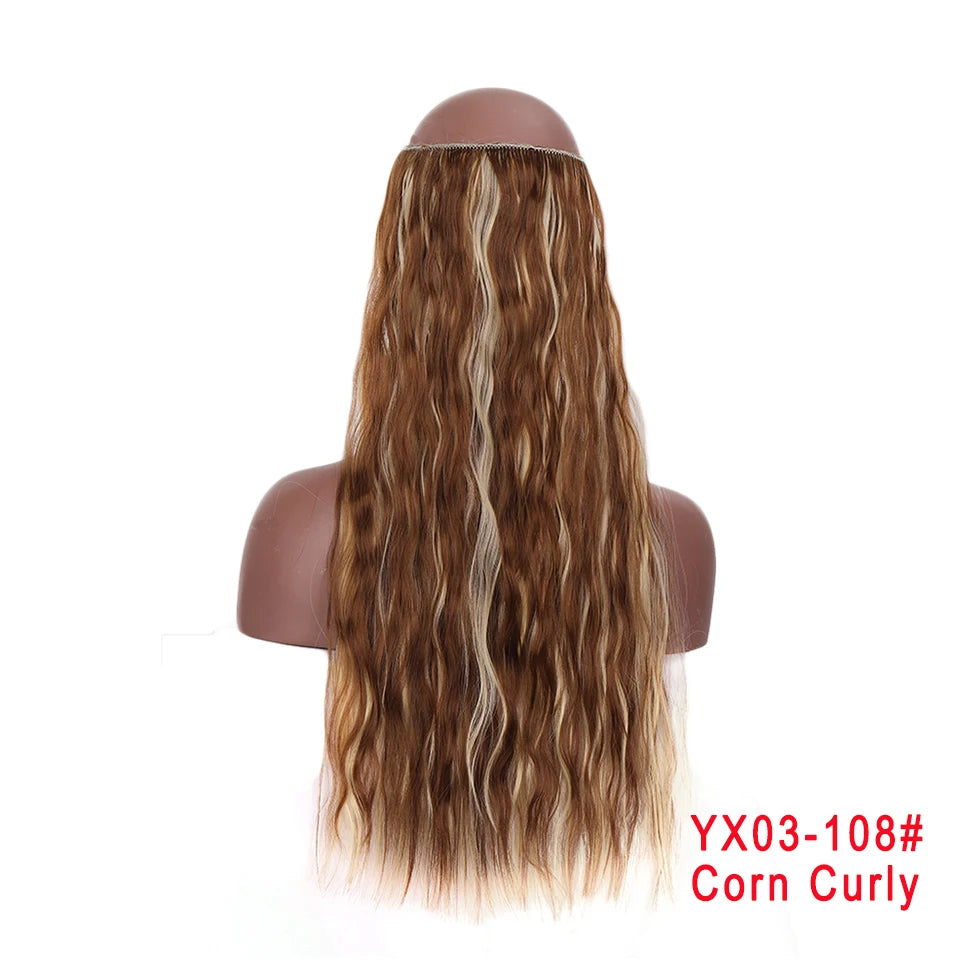 LUPU Extensiones de pelo sintético largo ondulado de 24 pulgadas, línea de pesca invisible, sin clips secretos, piezas de pelo, fibra resistente al calor