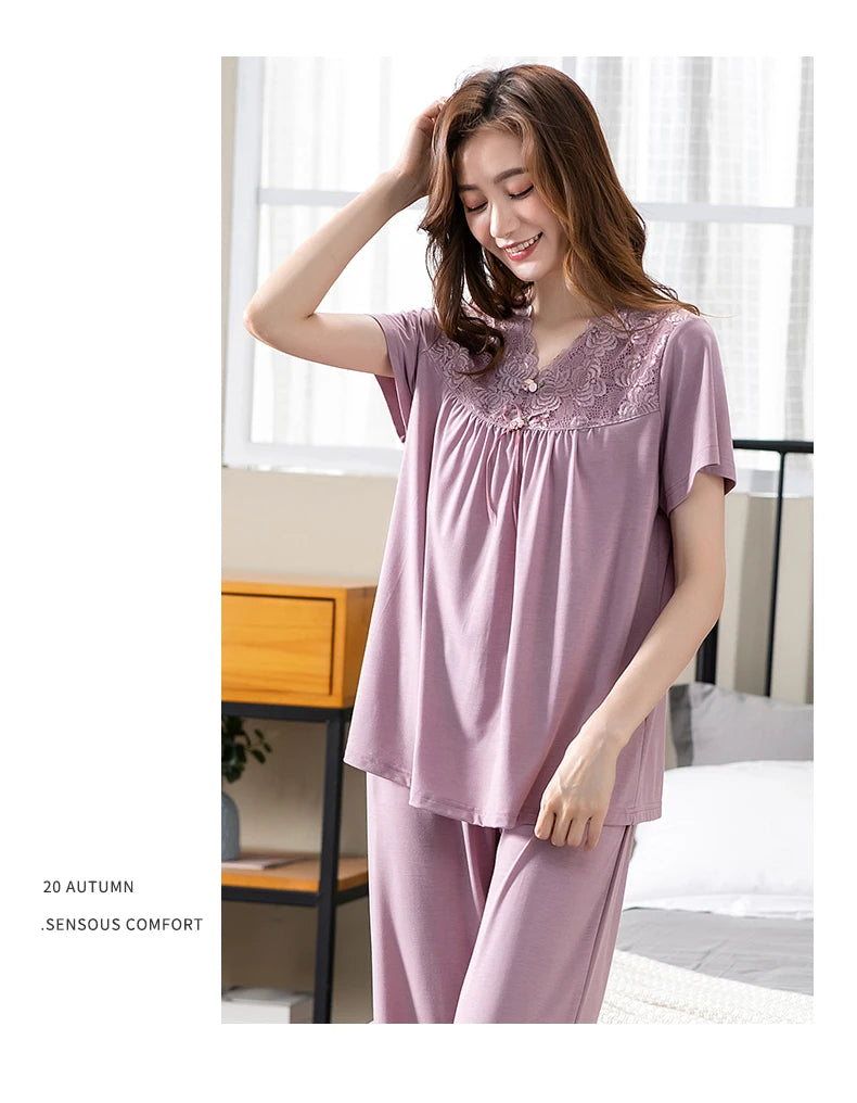 Conjuntos de Pijama para Mujer de Algodón Modal Pijamas Mujer Ropa de Dormir Dama Manga Corta Verano Ropa de Noche de Encaje para Mujer Conjuntos de 2 Piezas Ropa de Hogar XXXL