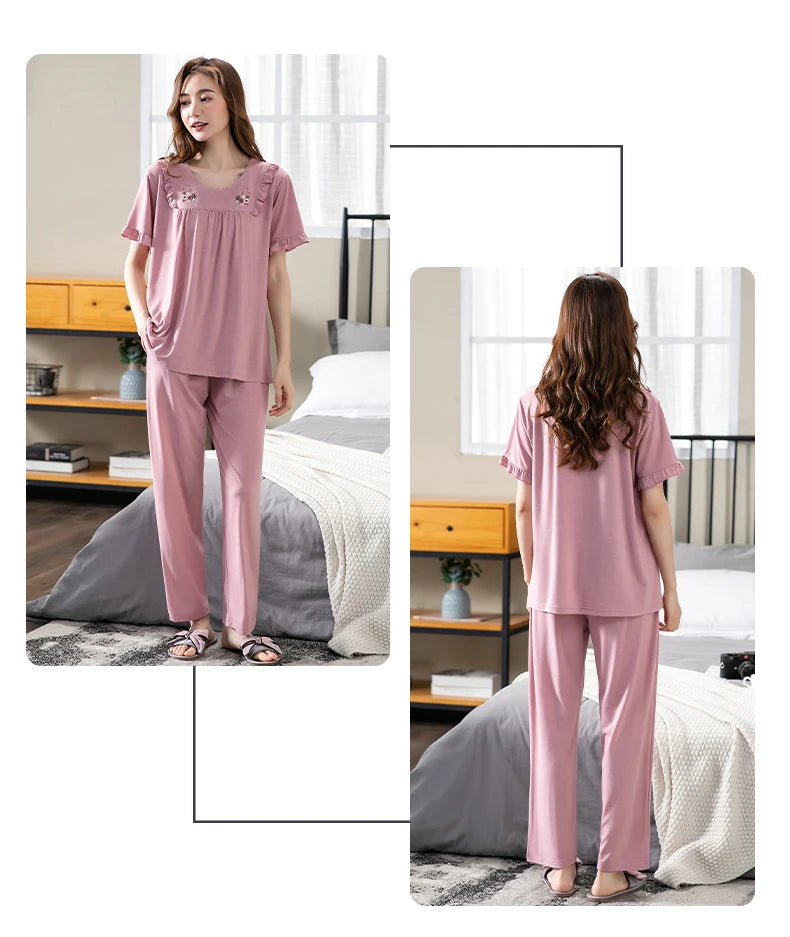 Conjuntos de Pijama para Mujer de Algodón Modal Pijamas Mujer Ropa de Dormir Dama Manga Corta Verano Ropa de Noche de Encaje para Mujer Conjuntos de 2 Piezas Ropa de Hogar XXXL
