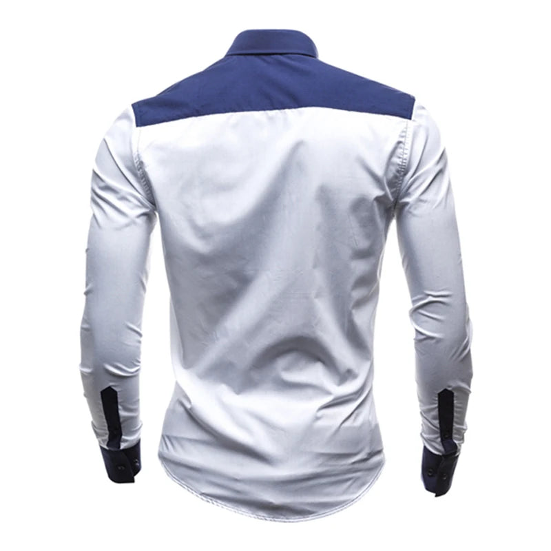 Men Long Sleeve Shirt Spring Striped Shirts Slim Fit Male Casual Social Patchwork Shirt Turn-down Collar Camisa Masculina