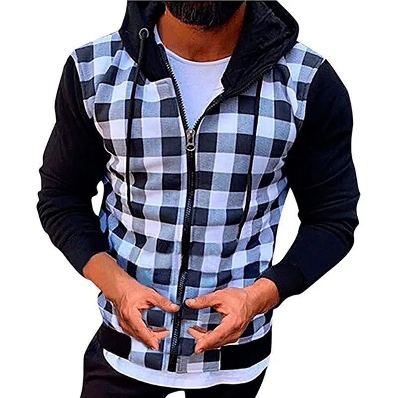 Chaquetas para hombre 2025Nueva cazadora bomber informal ajustada a cuadros para hombre, chaqueta de otoño-invierno con cremallera de manga larga, cárdigan con capucha y cortavientos para hombre