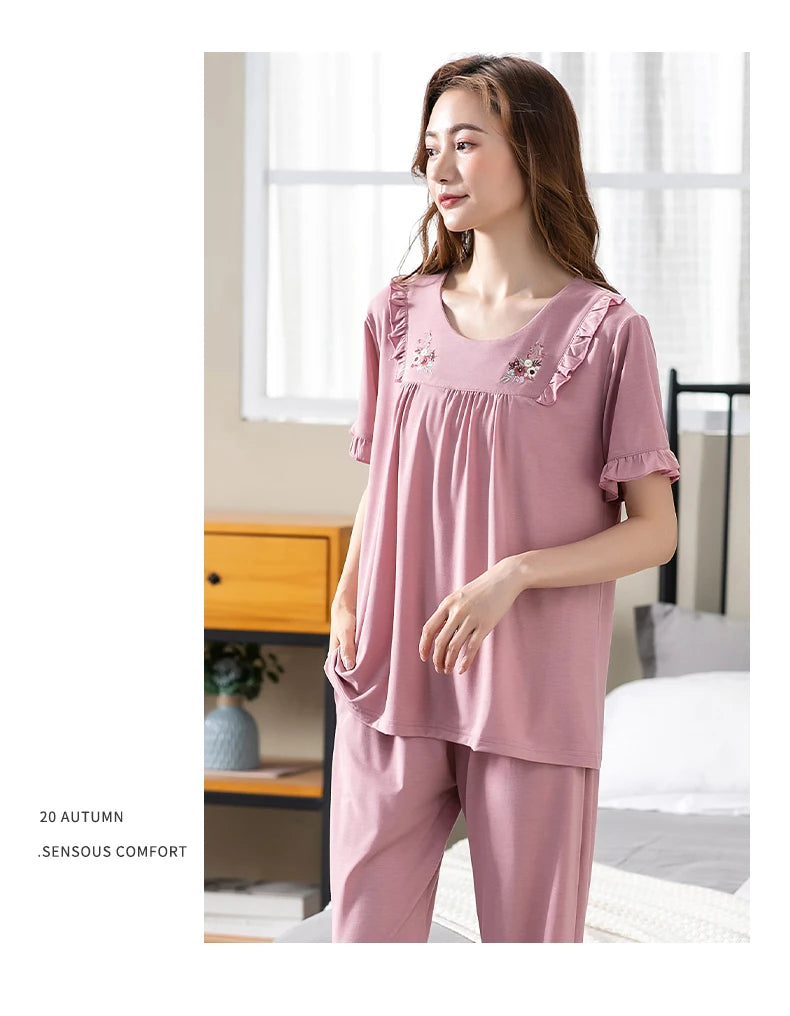 Conjuntos de Pijama para Mujer de Algodón Modal Pijamas Mujer Ropa de Dormir Dama Manga Corta Verano Ropa de Noche de Encaje para Mujer Conjuntos de 2 Piezas Ropa de Hogar XXXL