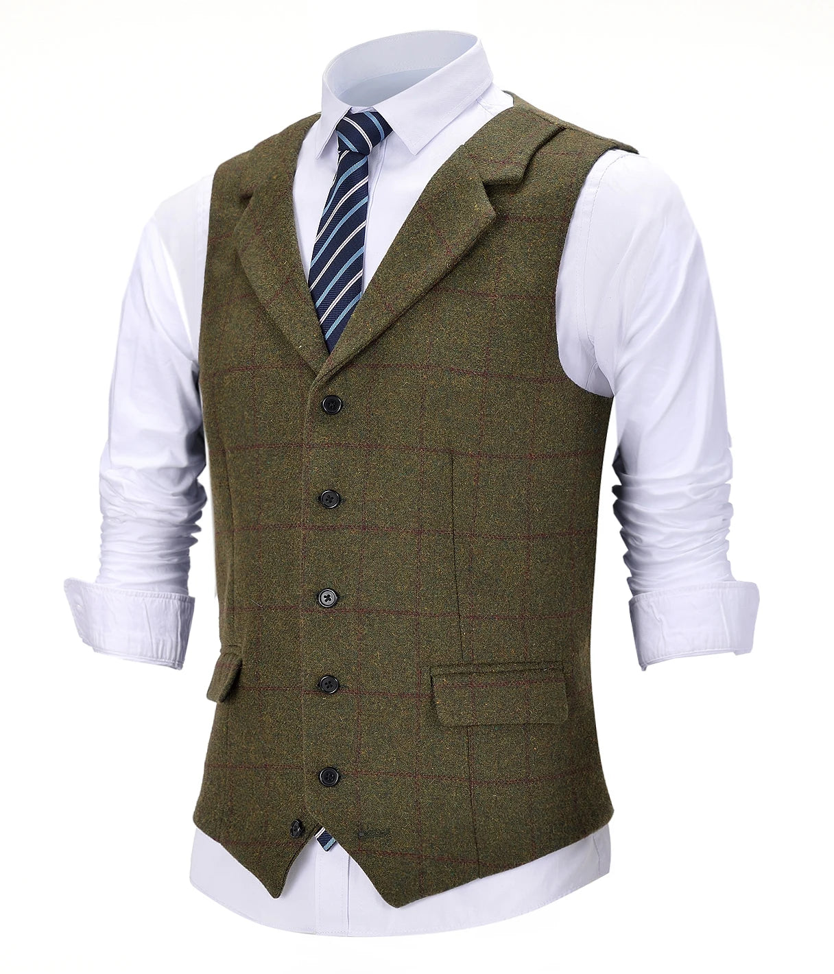 Chaleco de traje de tweed de lana a cuadros vintage para hombre, chaleco con solapa de muesca para padrinos de boda