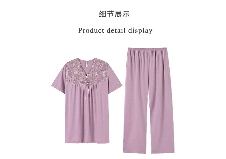 Conjuntos de Pijama para Mujer de Algodón Modal Pijamas Mujer Ropa de Dormir Dama Manga Corta Verano Ropa de Noche de Encaje para Mujer Conjuntos de 2 Piezas Ropa de Hogar XXXL