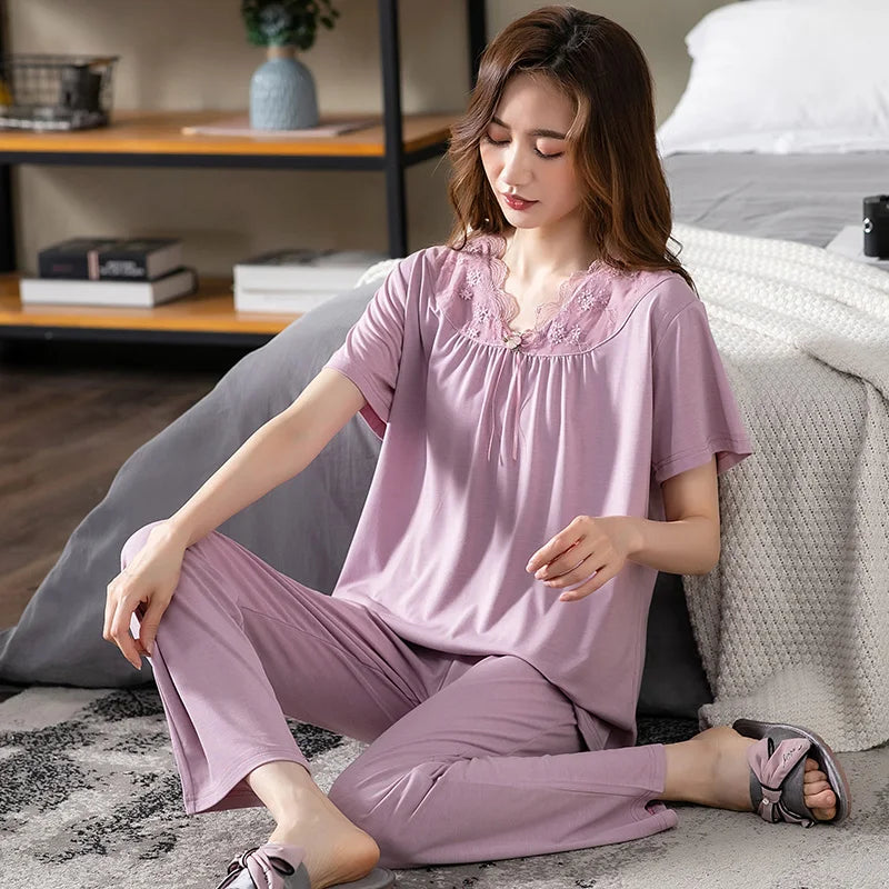 Conjuntos de Pijama para Mujer de Algodón Modal Pijamas Mujer Ropa de Dormir Dama Manga Corta Verano Ropa de Noche de Encaje para Mujer Conjuntos de 2 Piezas Ropa de Hogar XXXL