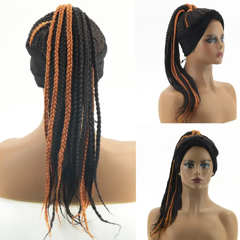 SQRDGQ Pelucas de diadema sintéticas para mujer, pelucas largas de trenzas de caja trenzadas para mujeres negras, trenza africana, peluca natural negra y marrón para mujer