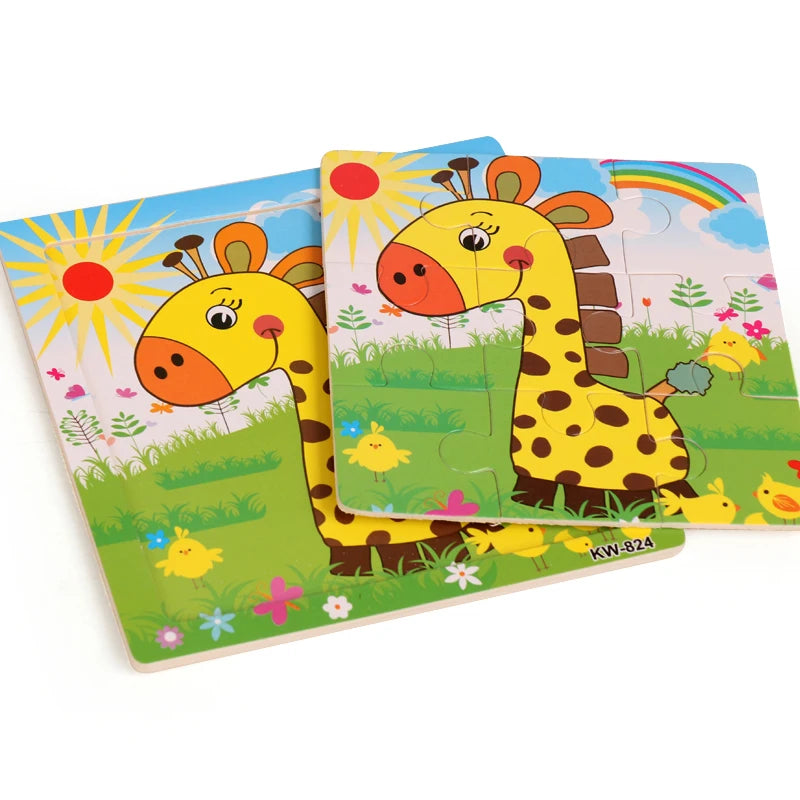 Oferta Caliente 12/9 PIEZAS Puzles de Madera para Niños Bebés, de Dibujos Animados, Vehículos Animales, Juguetes Educativos de Aprendizaje para Niños, Regalo