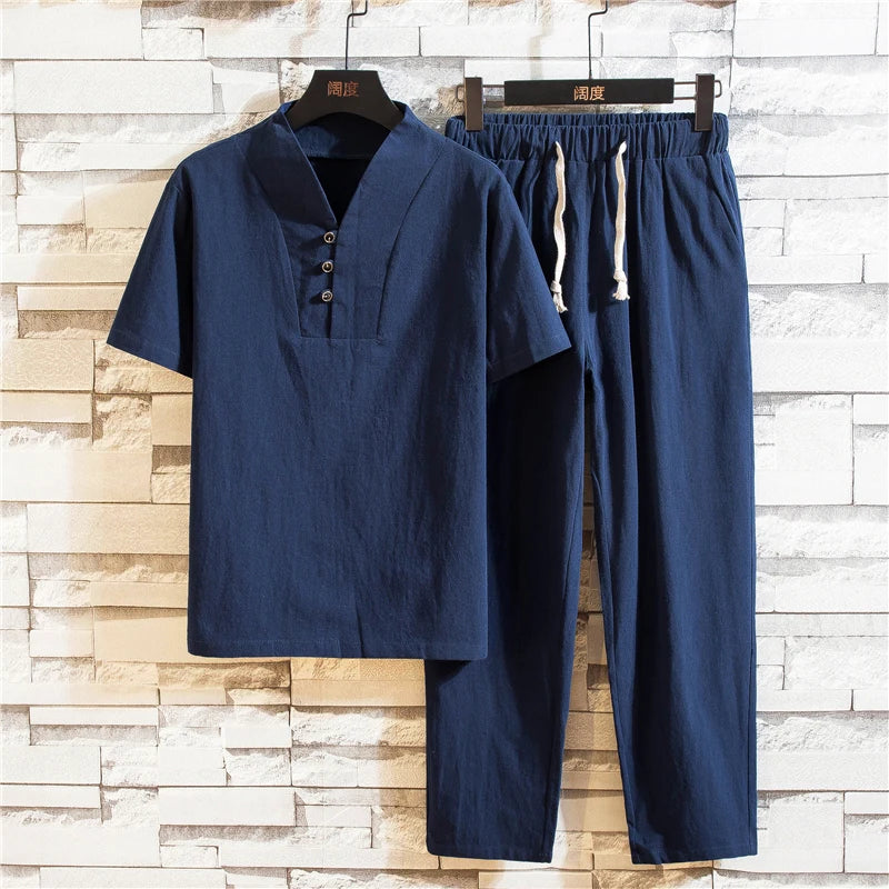 (Camisa + pantalón) camisa de verano para hombre, camisas de algodón y lino para hombre, camisas casuales de manga corta para hombre, un conjunto de ropa M-5XL