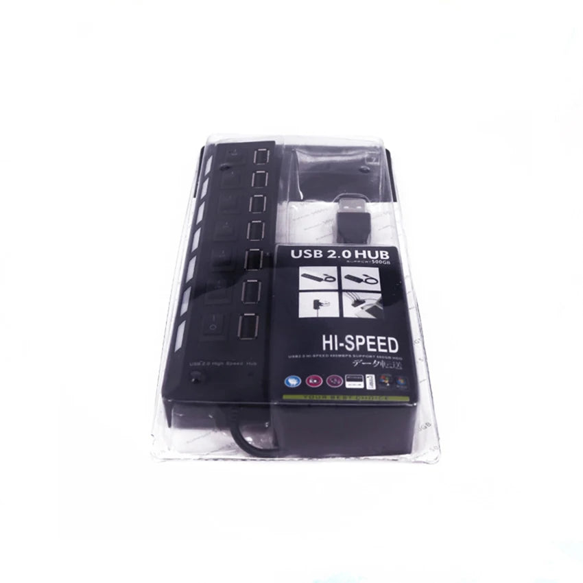 Concentrador USB 2.0 Splitter, Hub de datos USB de 7 puertos con interruptores individuales de encendido/apagado y luces para computadora portátil, PC, computadora, negro, blanco