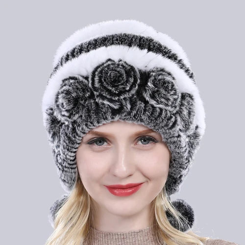 Hot Sale Winter Women Flowers Striped Natural Real Rex Rabbit Fur Hats Lady Warm Knit Genuine Fur Caps Russian Outdoor Fur Hats